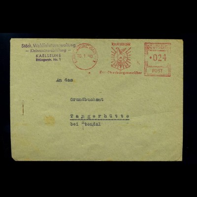 KARLSRUHE 1948 Freistempelbeleg in die DDR (70935)