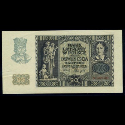 20 Zloty 1940 Banknote POLEN siehe Beschreibung (103853)