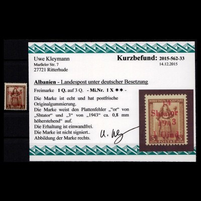 BES. II. WK. ALBANIEN 1943 Nr 1 X postfrisch (403503)