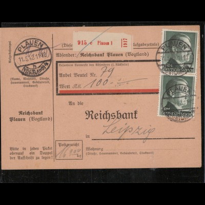 WERT-Paketkarte 1942 PLAUEN siehe Beschreibung (210135)