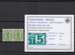 SBZ 1945 PLATTENFEHLER Nr 1AAux F19 gestempelt (210414)