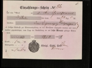 EINZAHLUNGS-SCHEIN HAYNICHEN 1863 siehe Beschreibung (212341)