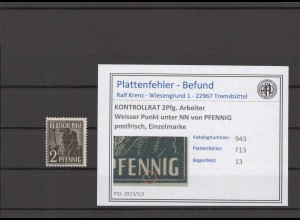 KONTROLLRAT 1947 PLATTENFEHLER Nr 943 F13 postfrisch (214419)
