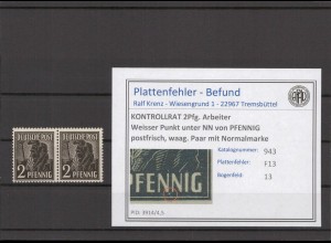 KONTROLLRAT 1947 PLATTENFEHLER Nr 943 F13 postfrisch (214420)