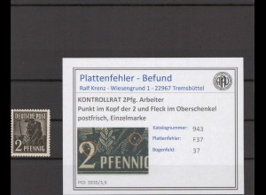 KONTROLLRAT 1947 PLATTENFEHLER Nr 943 F37 postfrisch (214435)
