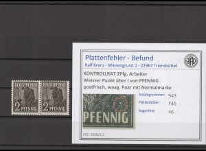 KONTROLLRAT 1947 PLATTENFEHLER Nr 943 F46 postfrisch (214438)