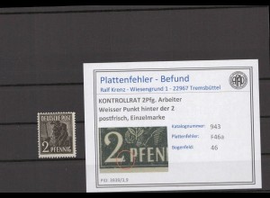 KONTROLLRAT 1947 PLATTENFEHLER Nr 943 F46a postfrisch (214439)