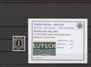 KONTROLLRAT 1947 PLATTENFEHLER Nr 911 F25 postfrisch (214542)
