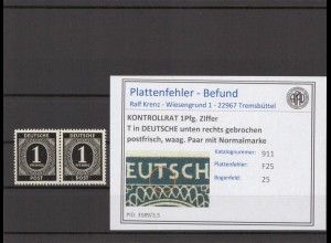 KONTROLLRAT 1947 PLATTENFEHLER Nr 911 F25 postfrisch (214543)