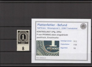 KONTROLLRAT 1947 PLATTENFEHLER Nr 911 F98 postfrisch (214548)