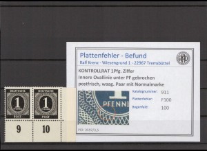 KONTROLLRAT 1947 PLATTENFEHLER Nr 911 F100 postfrisch (214551)