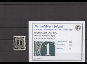 KONTROLLRAT 1947 PLATTENFEHLER Nr 911 F68 postfrisch (214561)