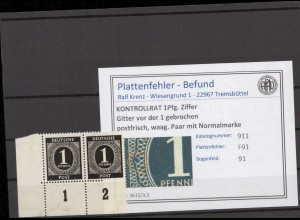 KONTROLLRAT 1947 PLATTENFEHLER Nr 911 F91 postfrisch (214568)