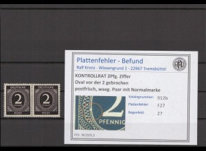 KONTROLLRAT 1947 PLATTENFEHLER Nr 912b F27 postfrisch (214572)