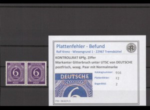 KONTROLLRAT 1947 PLATTENFEHLER Nr 916 F2 postfrisch (214582)