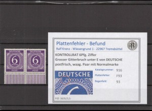 KONTROLLRAT 1947 PLATTENFEHLER Nr 916 F93 postfrisch (214585)