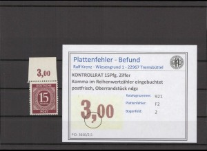 KONTROLLRAT 1947 PLATTENFEHLER Nr 921 F2 postfrisch (214601)