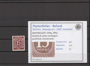 KONTROLLRAT 1947 PLATTENFEHLER Nr 921 F25 postfrisch (214606)