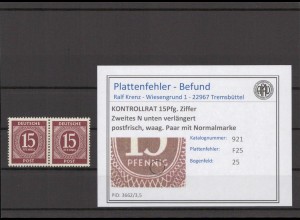 KONTROLLRAT 1947 PLATTENFEHLER Nr 921 F25 postfrisch (214607)