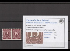 KONTROLLRAT 1947 PLATTENFEHLER Nr 921 F26 postfrisch (214608)