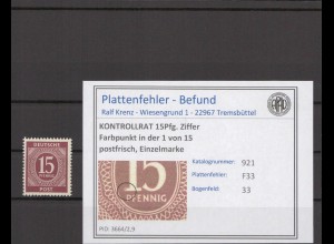 KONTROLLRAT 1947 PLATTENFEHLER Nr 921 F33 postfrisch (214609)