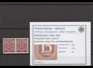 KONTROLLRAT 1947 PLATTENFEHLER Nr 921 F33 postfrisch (214610)