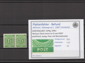 KONTROLLRAT 1947 PLATTENFEHLER Nr 922 F24 postfrisch (214620)