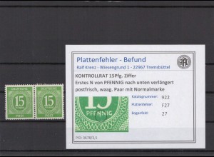 KONTROLLRAT 1947 PLATTENFEHLER Nr 922 F27 postfrisch (214621)