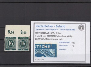 KONTROLLRAT 1947 PLATTENFEHLER Nr 923 F5 postfrisch (214628)