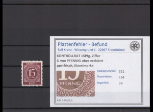 KONTROLLRAT 1947 PLATTENFEHLER Nr 921 F34 postfrisch (214633)