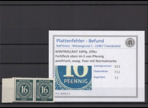 KONTROLLRAT 1947 PLATTENFEHLER Nr 923 F11 postfrisch (214638)