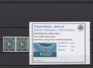 KONTROLLRAT 1947 PLATTENFEHLER Nr 923 F18 postfrisch (214642)