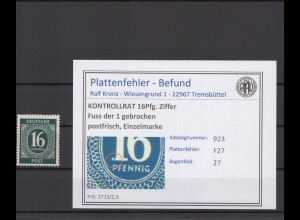 KONTROLLRAT 1947 PLATTENFEHLER Nr 923 F27 postfrisch (214652)