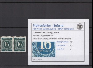 KONTROLLRAT 1947 PLATTENFEHLER Nr 923 F27 postfrisch (214653)