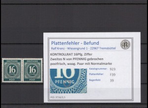 KONTROLLRAT 1947 PLATTENFEHLER Nr 923 F39 postfrisch (214655)