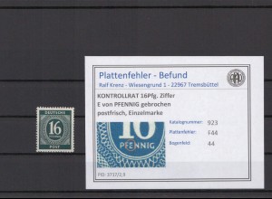 KONTROLLRAT 1947 PLATTENFEHLER Nr 923 F44 postfrisch (214656)