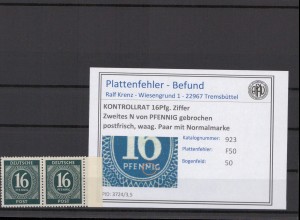 KONTROLLRAT 1947 PLATTENFEHLER Nr 923 F50 postfrisch (214663)