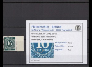 KONTROLLRAT 1947 PLATTENFEHLER Nr 923 F50a postfrisch (214664)