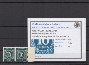 KONTROLLRAT 1947 PLATTENFEHLER Nr 923 F50a postfrisch (214665)