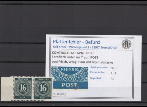KONTROLLRAT 1947 PLATTENFEHLER Nr 923 F51 postfrisch (214669)