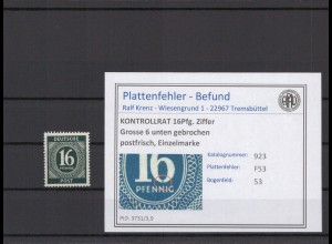 KONTROLLRAT 1947 PLATTENFEHLER Nr 923 F53 postfrisch (214670)
