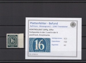 KONTROLLRAT 1947 PLATTENFEHLER Nr 923 F60 postfrisch (214671)