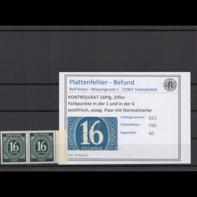 KONTROLLRAT 1947 PLATTENFEHLER Nr 923 F60 postfrisch (214672)
