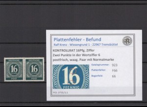 KONTROLLRAT 1947 PLATTENFEHLER Nr 923 F66 postfrisch (214674)