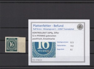 KONTROLLRAT 1947 PLATTENFEHLER Nr 923 F82 postfrisch (214677)
