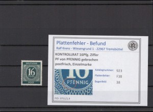 KONTROLLRAT 1947 PLATTENFEHLER Nr 923 F38 postfrisch (214690)