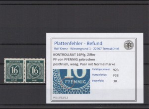 KONTROLLRAT 1947 PLATTENFEHLER Nr 923 F38 postfrisch (214691)