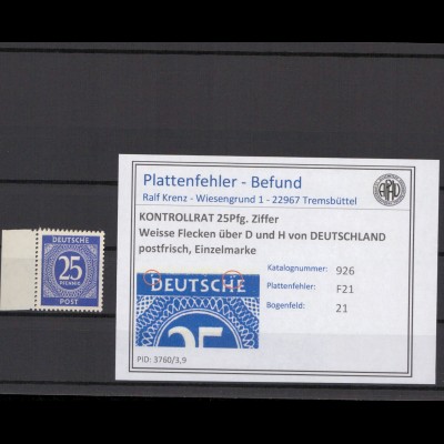 KONTROLLRAT 1947 PLATTENFEHLER Nr 926 F21 postfrisch (214698)