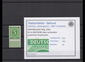 KONTROLLRAT 1947 PLATTENFEHLER Nr 915 F93 postfrisch (214703)