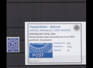 KONTROLLRAT 1947 PLATTENFEHLER Nr 926 F30a postfrisch (214710)